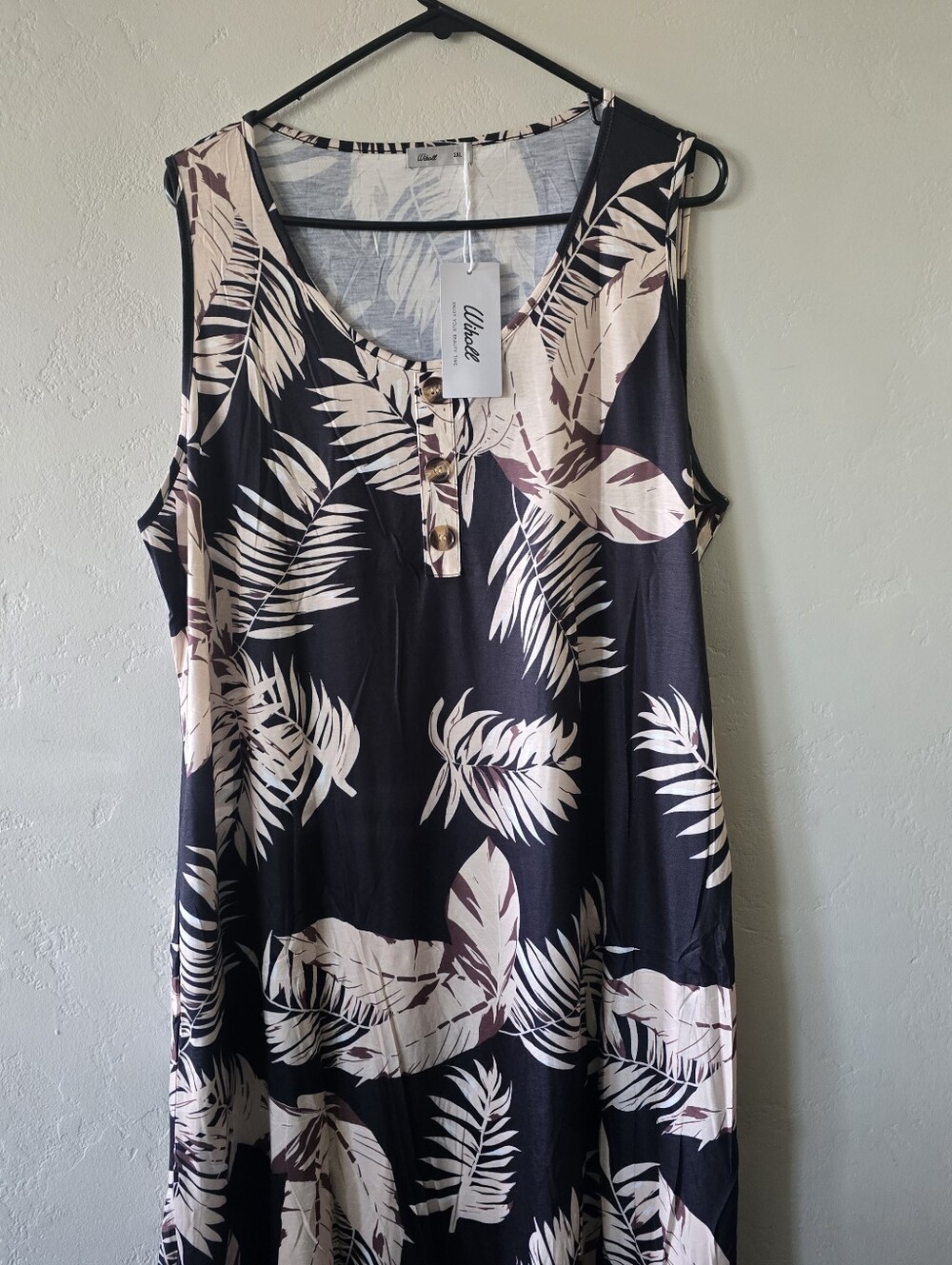 Black Sleeveless Dress With Cream Tropical Leaf Print